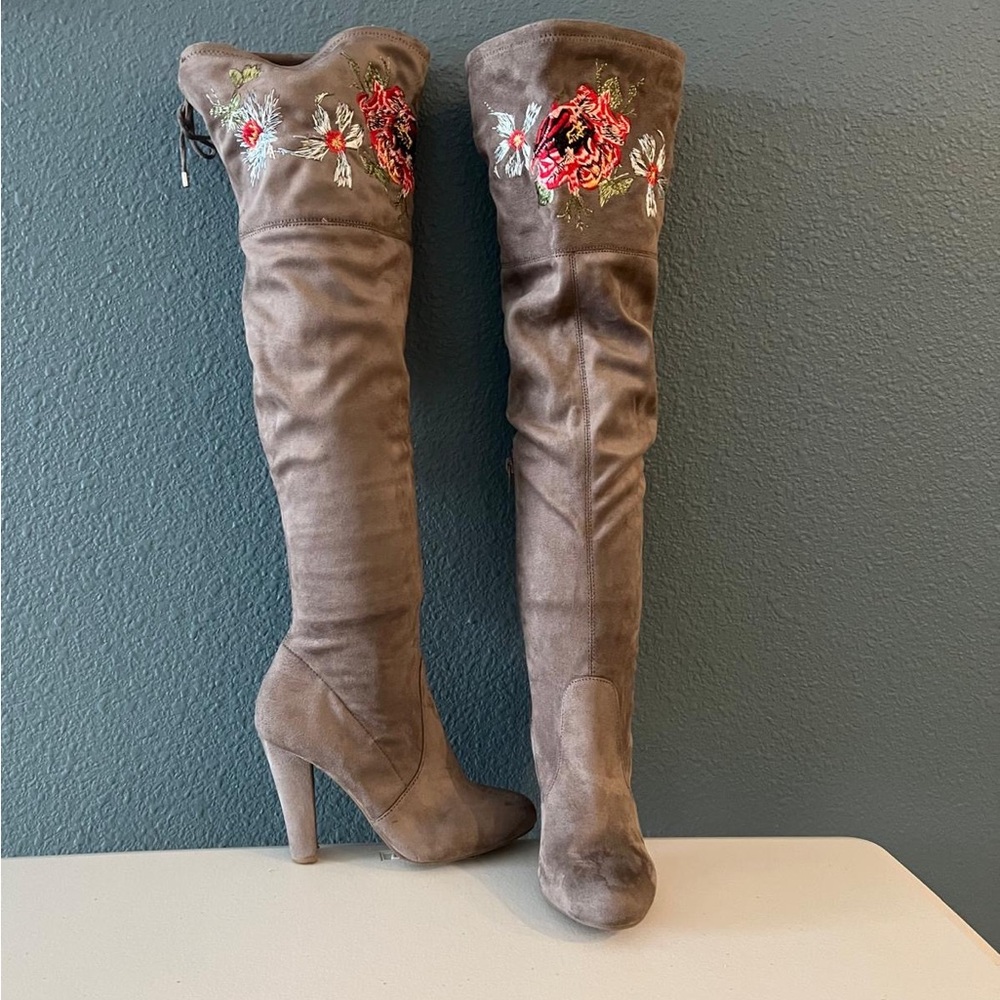 Zigi Soho Floral Embroidered Over-the-Knee Boots - Gray
